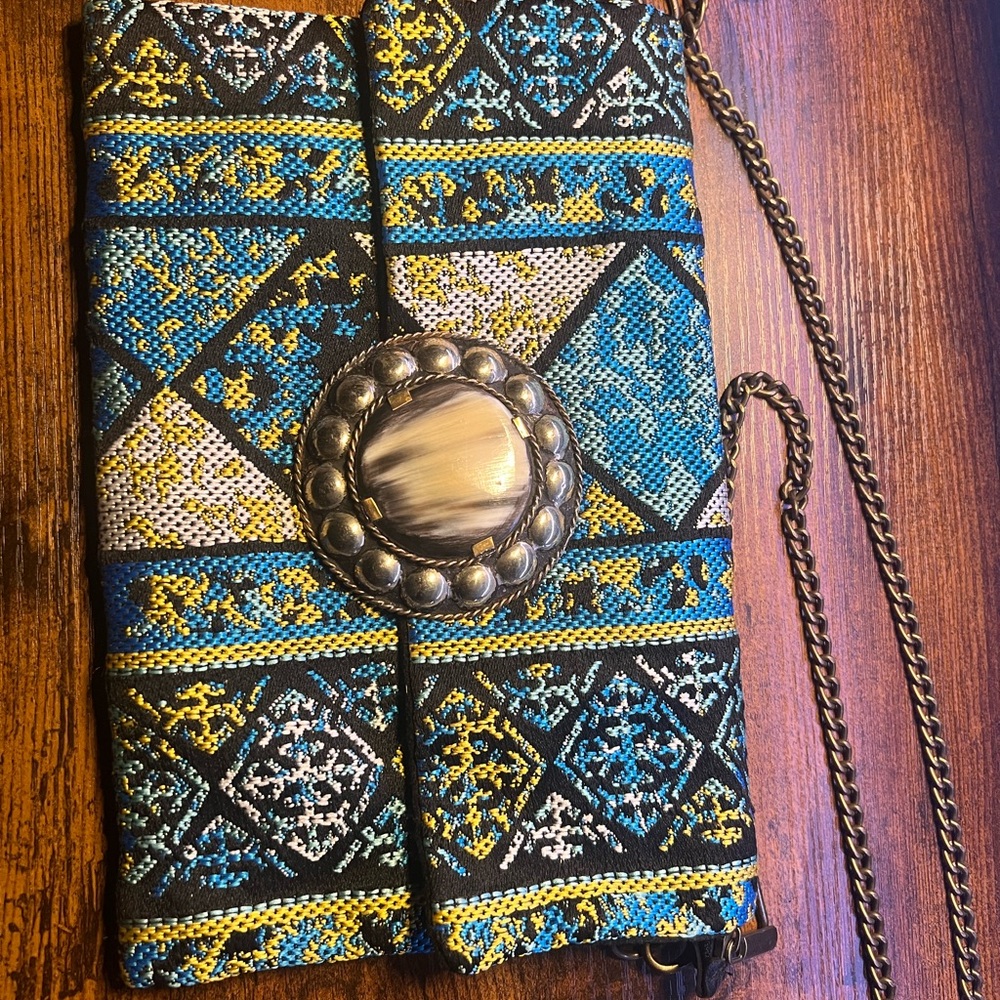 Boho Western Tapestry Crossbody Clutch w/ Statement Stone Concho & Chain Strap - Picture 2 of 13